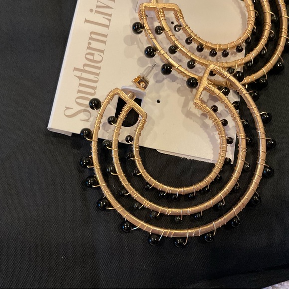 Earrings, Southern Living Black Bead/Gold tone metal triple loop, NWT - Picture 3 of 5